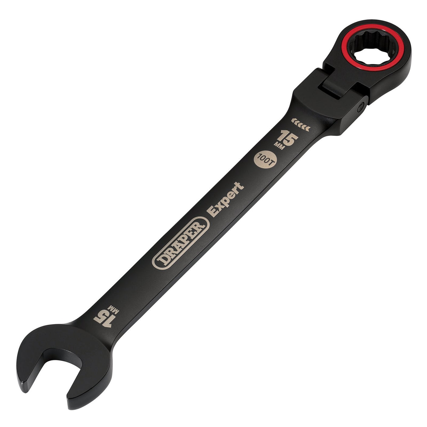 Draper Expert Hi-Torq&#174; Metric Flexible Head Ratchet Combination Spanner, 15mm, Black - 8241FMM/BK - Farming Parts