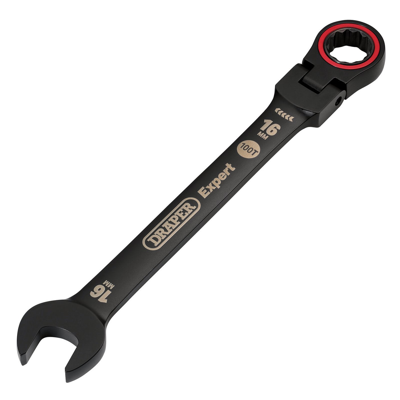 A Draper Expert Hi-Torq® Metric Flexible Head Ratchet Combination Spanner, 16mm, Black - 8241FMM/BK, manufactured by Draper and crafted from durable chrome vanadium steel, features a red ring on the box end.