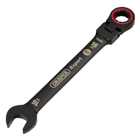 A Draper Expert Hi-Torq® Metric Flexible Head Ratchet Combination Spanner, 16mm, Black - 8241FMM/BK, manufactured by Draper and crafted from durable chrome vanadium steel, features a red ring on the box end.