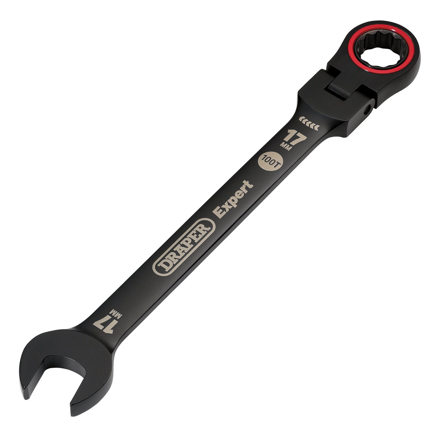 Image of a black, 17mm Draper Expert Hi-Torq® Metric Flexible Head Ratchet Combination Spanner (Model: 8241FMM/BK) with an open-end wrench on one side and a flexible head ratchet ring on the other.