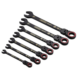 A set of seven Draper Expert Hi-Torq® Metric Flexible Head Ratchet Combination Spanners, Black (8241FMM/BK/7), arranged diagonally, each featuring an open-end and a ratchet ring-end.