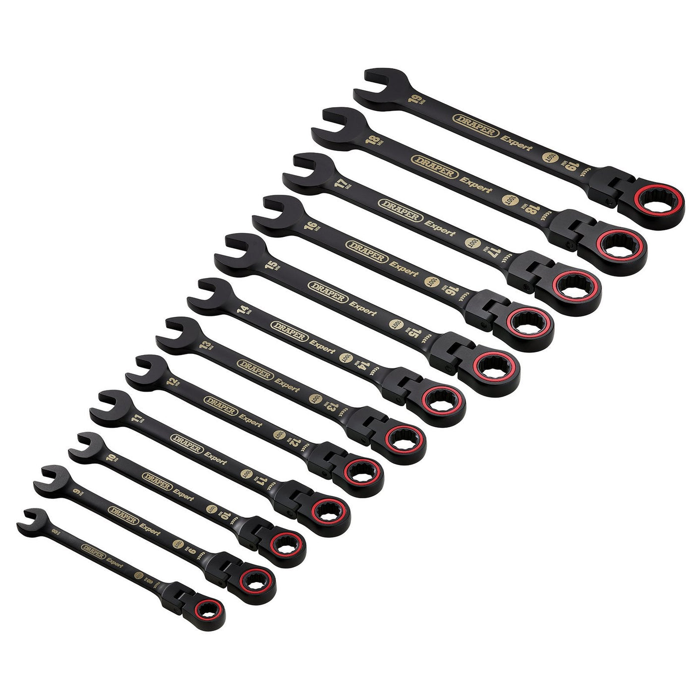 A collection of Draper Expert Hi-Torq® Metric Flexible Head Ratchet Combination Spanners in black (12 Piece) - 8241FMM/BK/12, featuring red accents and arranged in descending size order from left to right.