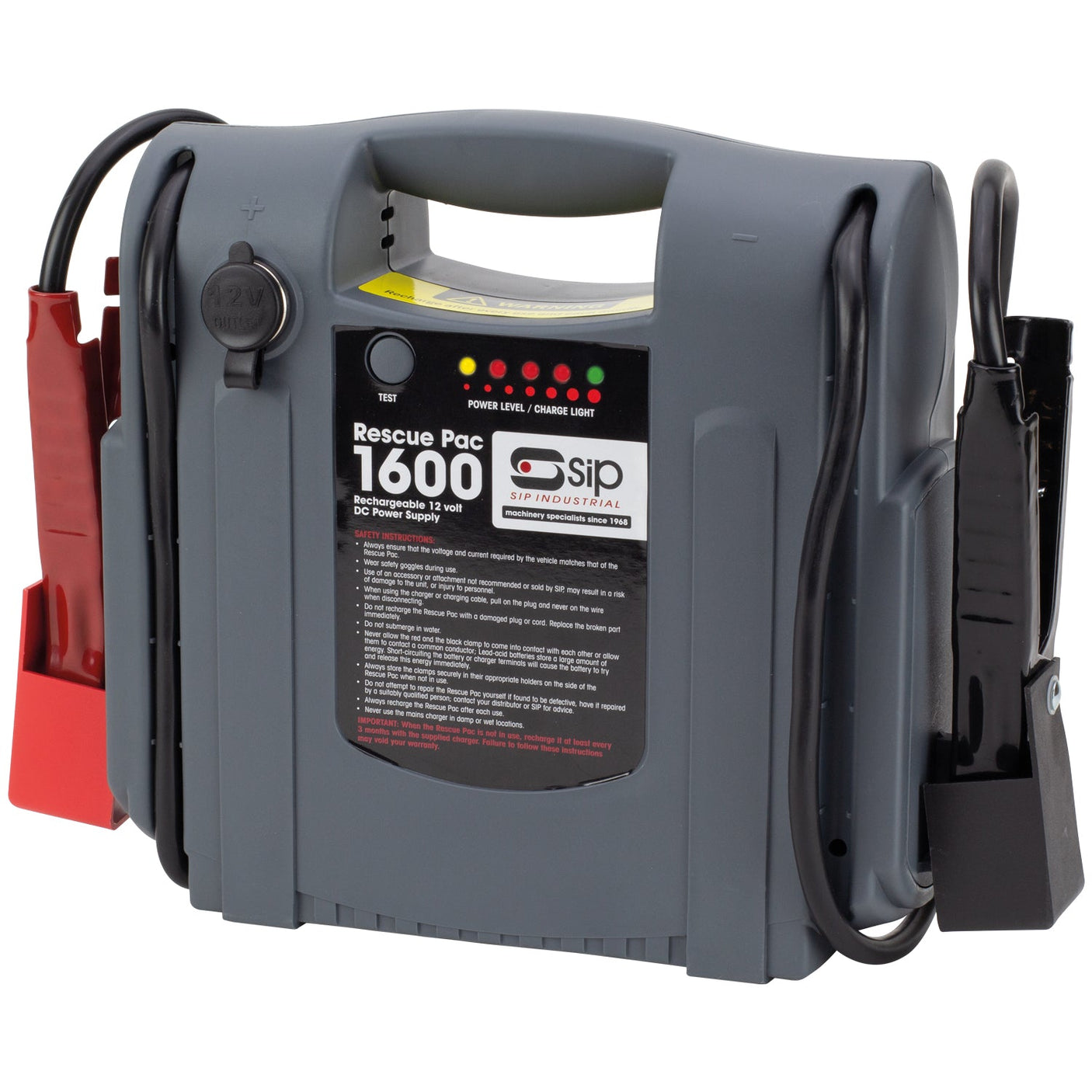 Portable jump starter device with a carrying handle, display lights, and attached red and black battery clamps. Text on the device reads "SIP - Rescue Pac 1600 - SIP-03936" with a 1600A boost peak rate and advanced AGM technology for reliable boost-starting.