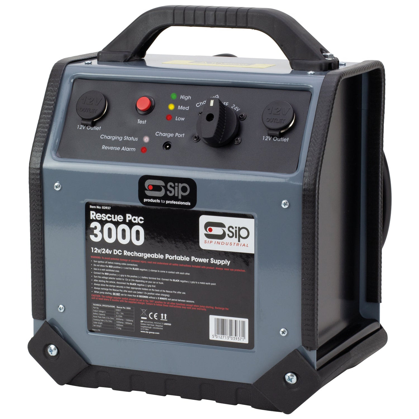 The SIP - Rescue Pac 3000 (SIP-03937) is a 12V/24V DC rechargeable portable power supply featuring advanced AGM technology. It comes equipped with handles, power indicators, and charge ports. Attached labels provide detailed technical specifications and brand information, making it an excellent choice for boost-starting vehicles efficiently.