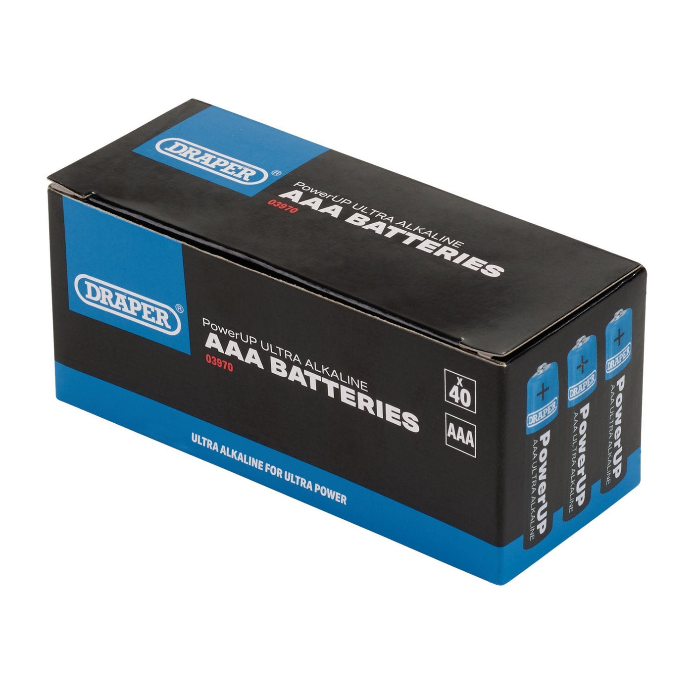 The Draper Powerup Ultra Alkaline AAA Batteries (Pack of 40) - BATT/AAA/40, from the brand Draper, includes 40 leakproof batteries designed for high-capacity applications. The box features a predominantly black design with blue and white accents.