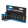 A 12-pack of Draper PowerUp Ultra Alkaline AA Batteries (BATT/AA/12) is shown, featuring 8 batteries in the box and 4 standing next to it. Designed for high-capacity applications, the leakproof packaging is primarily blue, black, and white.