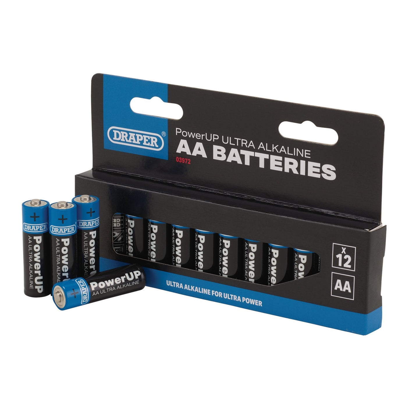 A 12-pack of Draper PowerUp Ultra Alkaline AA Batteries (BATT/AA/12) is shown, featuring 8 batteries in the box and 4 standing next to it. Designed for high-capacity applications, the leakproof packaging is primarily blue, black, and white.