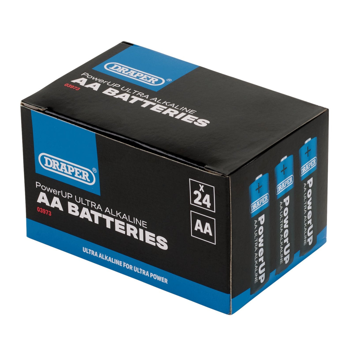 Image of a box containing 24 Draper Powerup Ultra Alkaline AA batteries (BATT/AA/24), ideal for high-capacity applications. The packaging features a black and blue design with white text and branding, emphasizing the leakproof design.