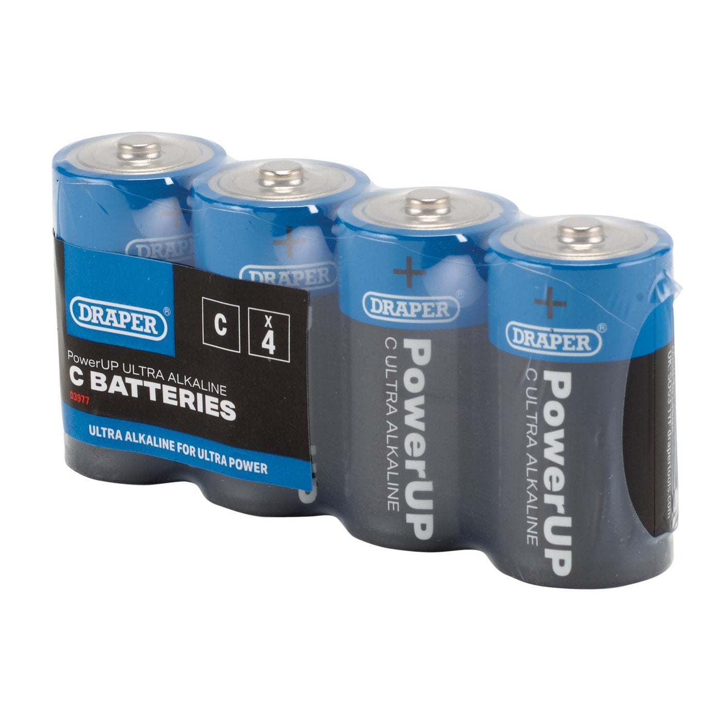 A pack of four Draper PowerUp Ultra Alkaline C Batteries (BATT/C/4), ideal for high-capacity applications, featuring distinctive blue and black packaging.