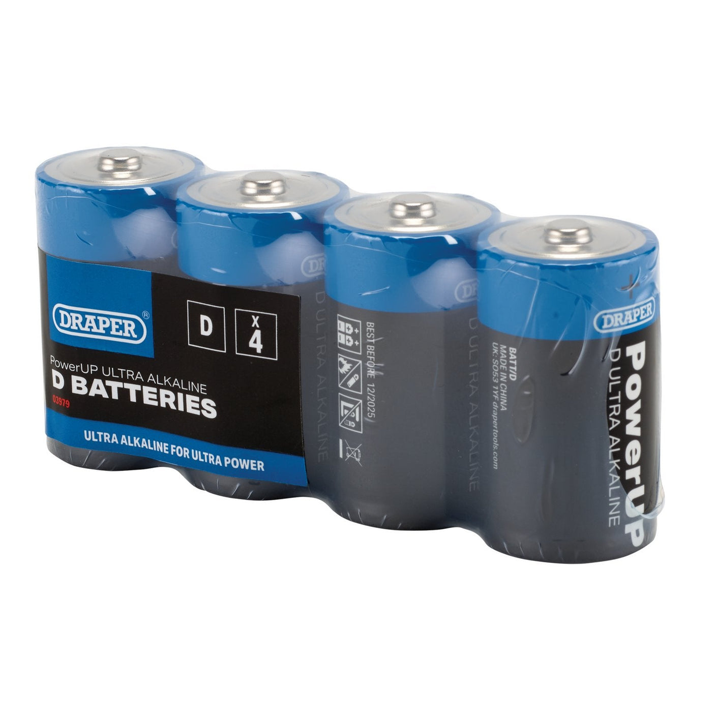 A pack of four Draper Powerup Ultra Alkaline D Batteries, ideal for high-capacity applications with extended run time, comes in blue and silver packaging.