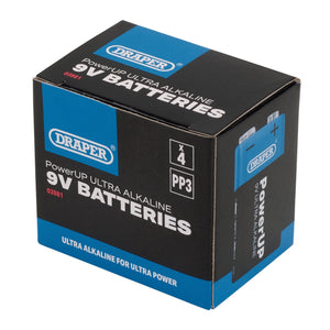 A pack of Draper Powerup Ultra Alkaline 9V Batteries (Pack Of 4) - BATT/PP3/9V/4, perfect for high-capacity applications, containing four reliable and leakproof batteries.