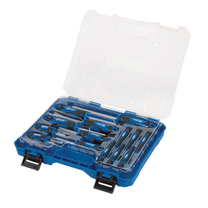 The Draper Screwdriver Set With Case, Blue (14 Piece) - 864/14/B includes a clear plastic case housing an assortment of blue and black screwdrivers, expertly crafted from chrome vanadium steel and arranged neatly in dedicated slots. The case is equipped with two black latches and a molded handle for easy transport. This limited edition set from Draper guarantees both durability and convenience.