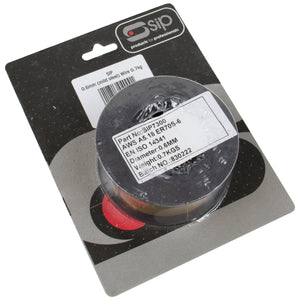 Packaging containing a spool of MIG welding wire with a label providing specifications including part number SIP-04000, diameter 0.6mm, and reference to standards AWS A5.18 ER70S-6 and EN ISO 14341. Ideal for use with SIP Welders on mild steel applications, this product is named "SIP - 07kg x 06mm Mild Steel Wire Pack" by the brand SIP.