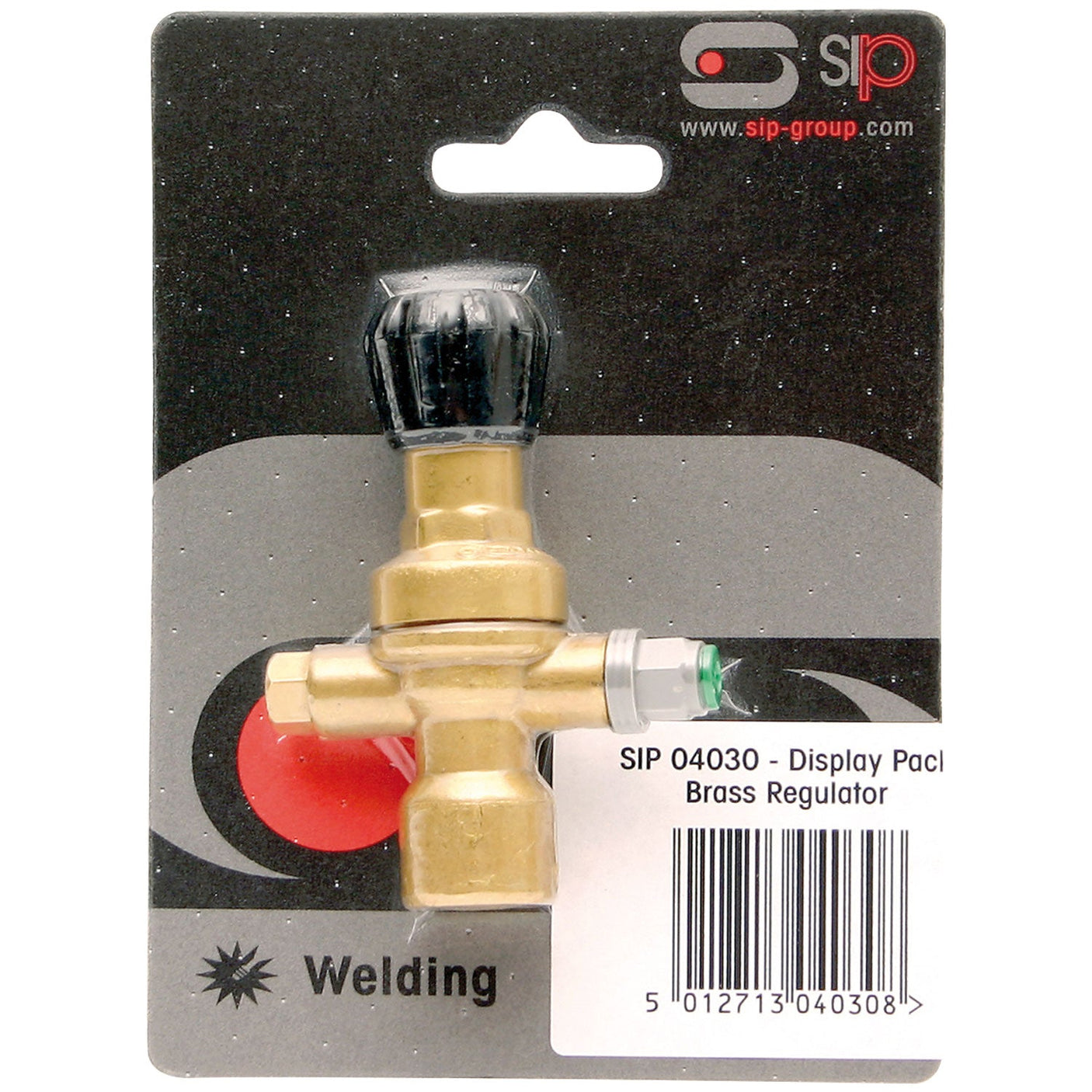 A packaged SIP Disposable Gas Bottle Regulator for MIG welding applications, product number SIP-04030, is displayed on a perforated card featuring branding and a visible barcode. It is made of heavy-duty quality brass.