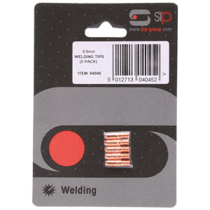 A sealed retail package of SIP - 5x 06mm M5 MIG Welding Tip Pack with Display Pack (SIP-04040) includes five high-quality tips, detailed item information, and a barcode. Branded with "SIP," these tips are perfect for various welding applications and are compatible with SIP MIG torches.