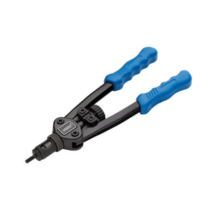 The Draper Short Arm Threaded Nut Riveter, 290mm - SATNR, features a black metal body and blue plastic handles, designed for installing rivets in various materials.