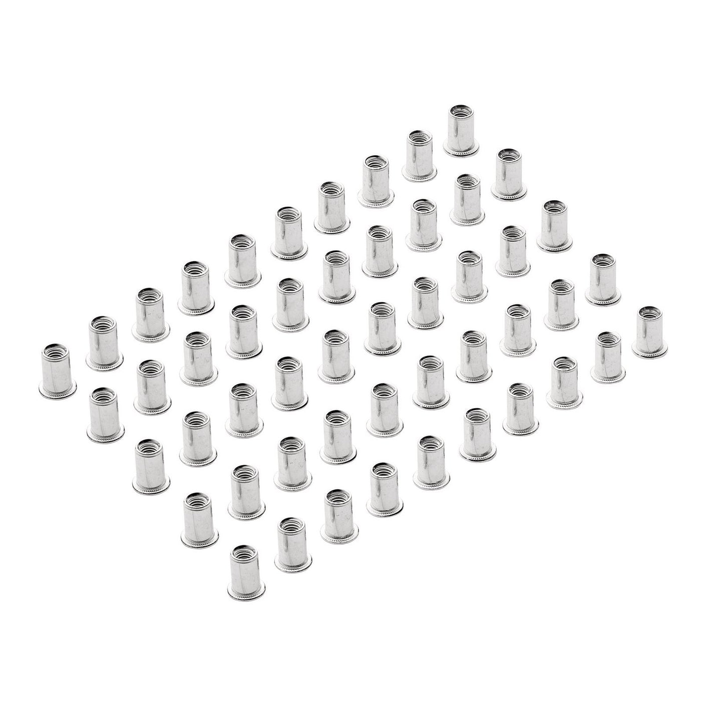 An array of Draper Zinc Plated Threaded Insert Rivet Nuts, M6 x 1.0mm (Pack of 50), arranged in multiple rows on a white background.