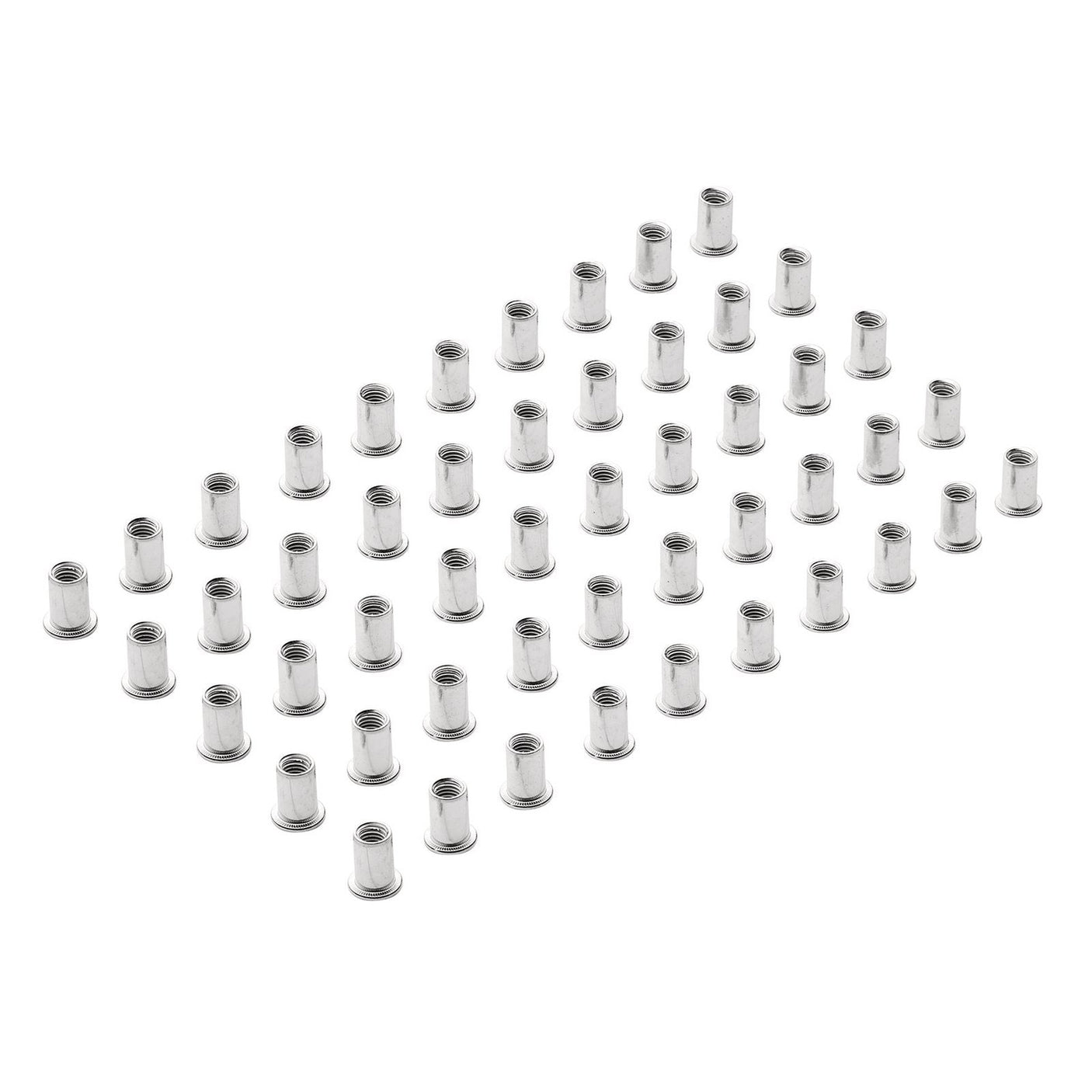 A neatly arranged pack of 50 Draper Zinc Plated Threaded Insert Rivet Nuts, M8 X 1.25mm (RIVNUT8), made from durable carbon steel and evenly spaced in a grid pattern on a white background.