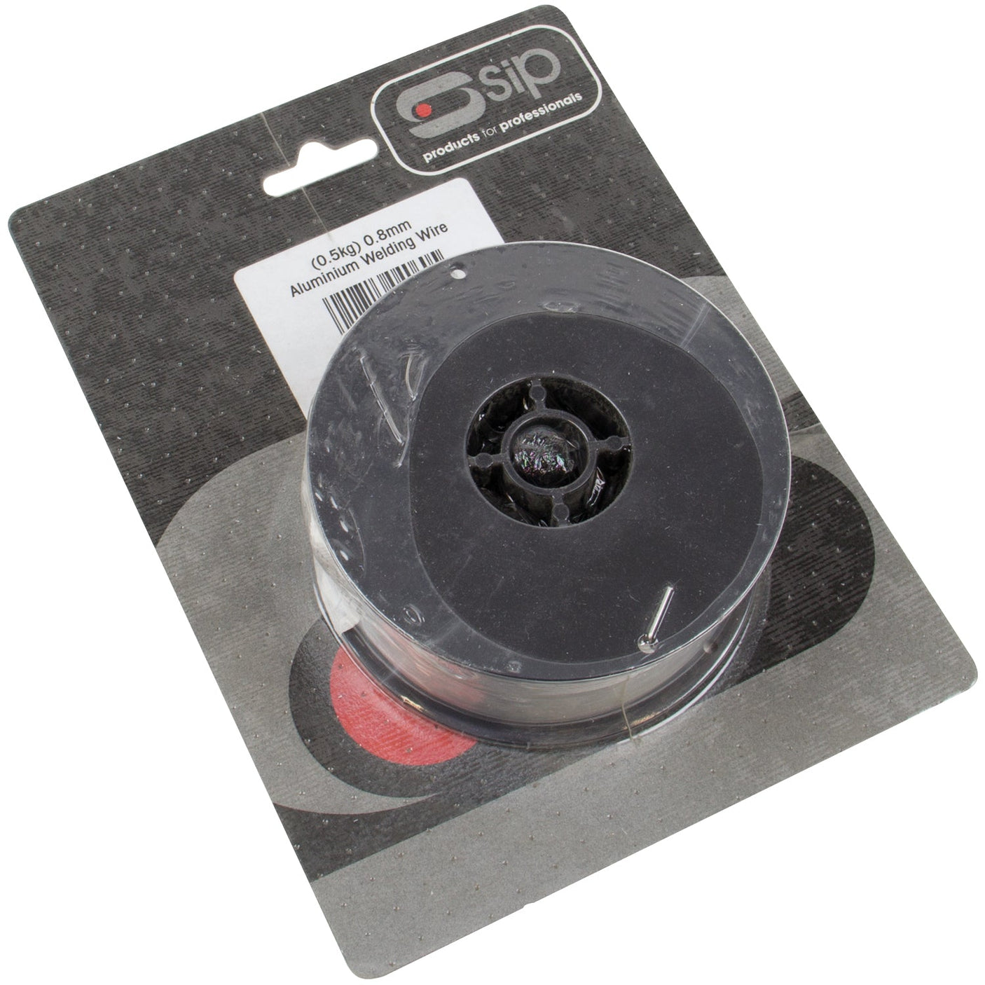 A package of SIP - 0.5kg x 0.8mm Aluminium Wire Pack - SIP-04060 in a plastic reel, designed for use with SIP MIG welders, is presented on a black and grey backing card with the SIP logo at the top.