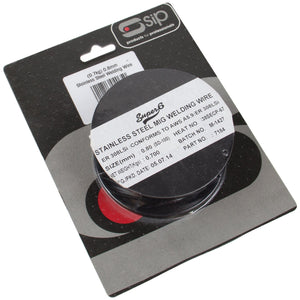 A package labeled "SIP - 0.7kg x 0.8mm Stainless Steel Wire Pack - SIP-04065," ideal for SIP MIG welders, boasts product specifics and part numbers visible on the spool, resting on a sleek black and silver backing card.