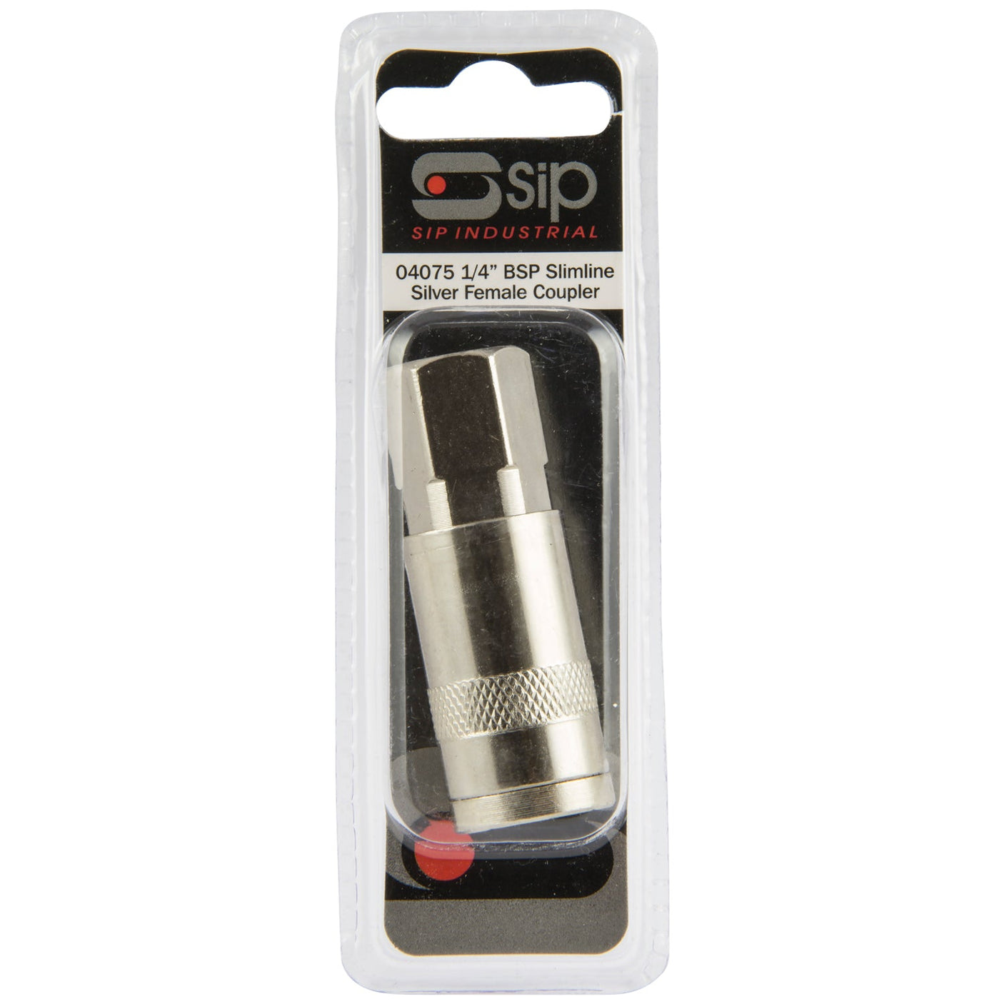 A SIP - 1/4" Slimline Silver Female Coupler Pack - SIP-04075 in its packaging. The label reads "04075 1/4'' BSP Slimline Silver Female Coupler." Ideal for use with SIP air tools.