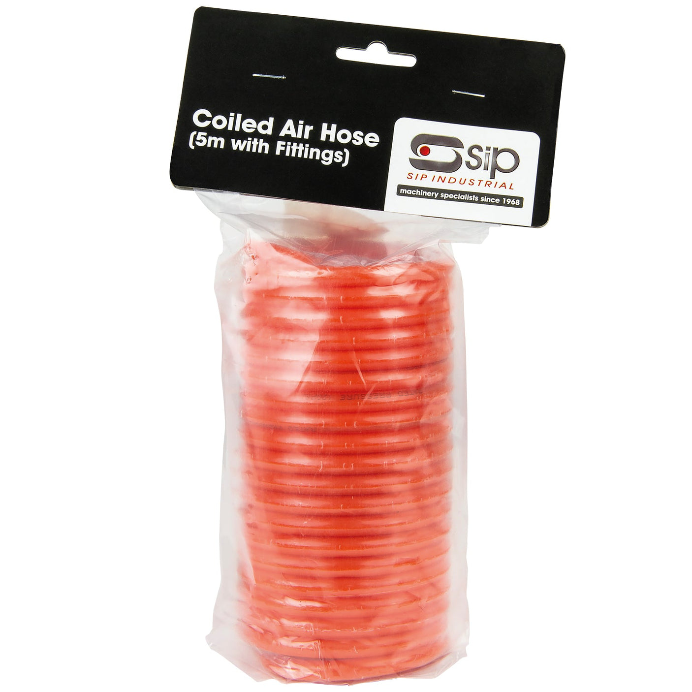 The SIP - 5mtr Coiled Air Hose - SIP-04115 from SIP is a five-meter kink-resistant hose with fittings, packaged in clear plastic with a black and white label—perfect for all your air tools.