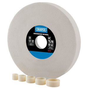 A Draper Aluminium Oxide Bench Grinding Wheel with five bushings set in front of it. The white grinding wheel has specs: 200x25mm, 80 grit—ideal for sharpening HSS tools.