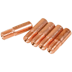 Five SIP - 5x 08mm M6 MIG Welding Tips (SIP-04144) from the brand SIP, each with one end threaded and the other end smooth, arranged in a horizontal line, ideal for welding applications.