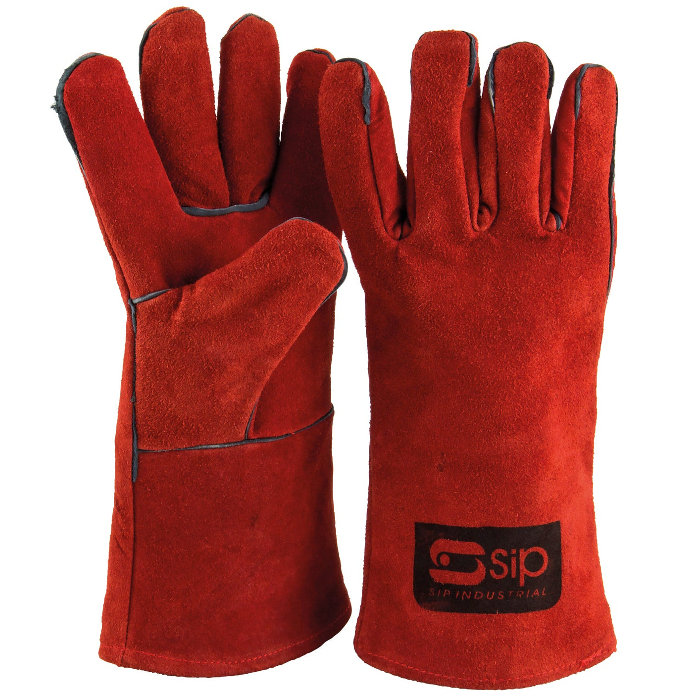 A pair of SIP Deluxe Leather Welding Gauntlets (SIP-04146) featuring heavy-duty material, reinforced stitching, a black logo on the wrist area, and excellent welding spatter protection.