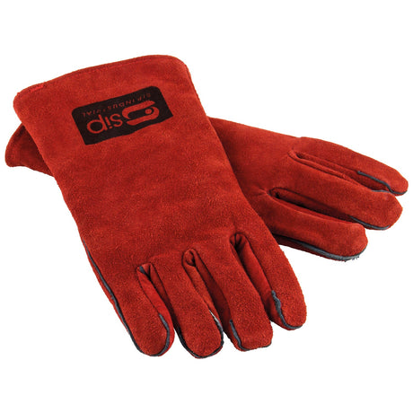 Pair of red, suede leather gauntlets with black accents, featuring the brand name "SIP" on the upper section. These gloves are marketed as SIP - Deluxe Leather Welding Gauntlets - SIP-04146 and offer excellent welding spatter protection, making them perfect for demanding tasks.