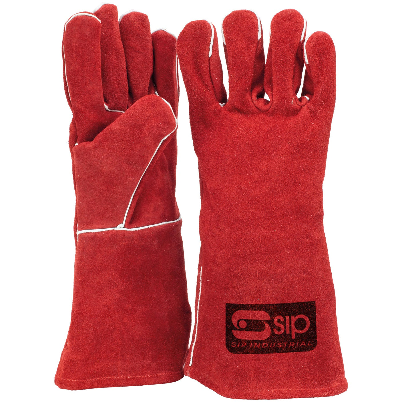 A pair of SIP Welding Gauntlets (SIP-04156) in red, made from heavy-duty suede leather with white stitching and the SIP logo on the wrist area, provides excellent protection. Perfect for welding tasks.