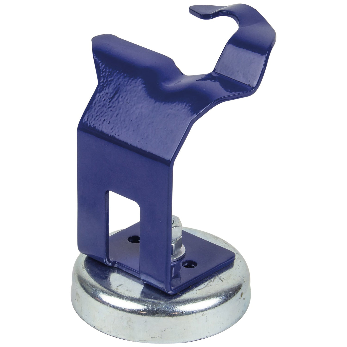 The SIP MIG Welding Torch Holder (SIP-04158) by SIP is a blue metal hook with a circular silver base, providing strong gripping power for holding or hanging objects.