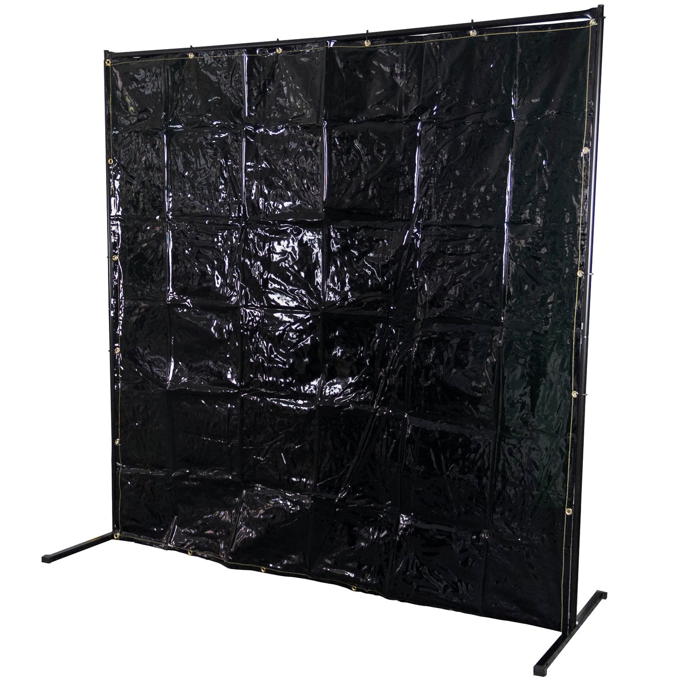 The SIP 6ft x 6ft Welding Curtain (SIP-04166) by SIP features a sturdy metal stand and a sleek, black vinyl curtain with a grid pattern to effectively protect against glare.