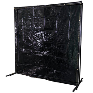 The SIP - Welding Curtain & Frame - SIP-04167A by SIP features a black plastic tarp that hangs on a heavy-duty frame with two supporting legs, resembling a welding curtain.