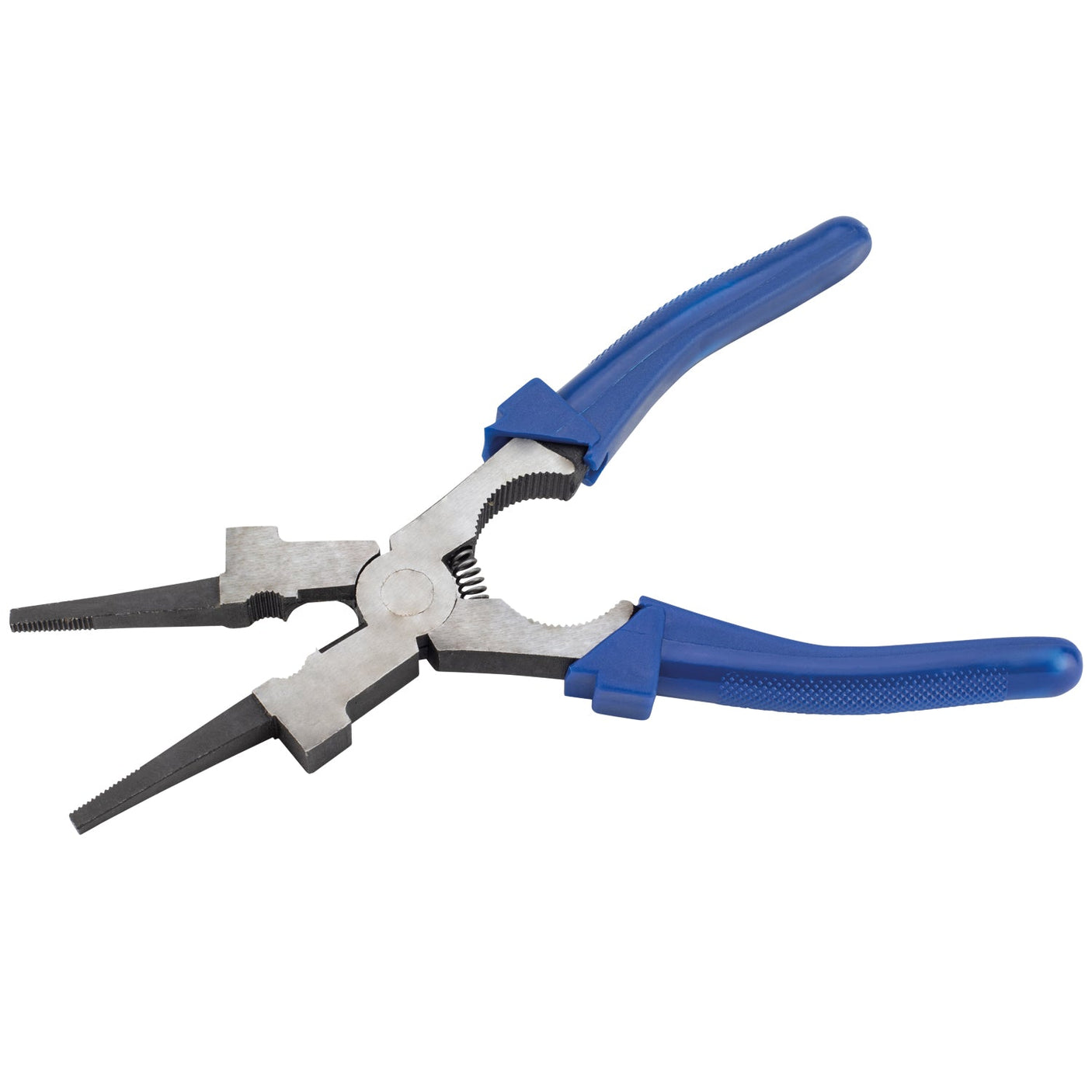 A pair of SIP - MIG Pliers (SIP-04168) featuring blue handles, made from heavy-duty forged steel with a spring mechanism and pointed tips, designed for gripping, manipulating objects, and nozzle cleaning.