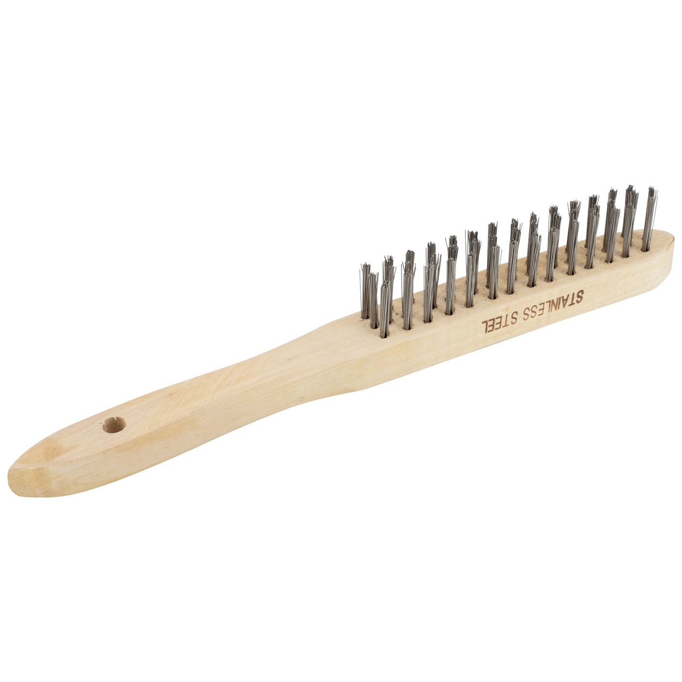 Introducing the SIP - 4-Row Stainless Steel Wire Brush - SIP-04169 by SIP, a robust brush with a wooden handle, ideal for cleaning welding surfaces or removing slag and rust.