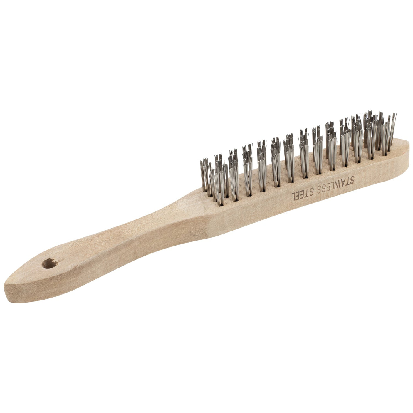 The SIP - 3-Row Stainless Steel Wire Brush (SIP-04171) by SIP features a wooden handle and three rows of stainless steel bristles, complete with a hole in the handle for easy hanging. It is ideal for removing slag and rust from welding surfaces.