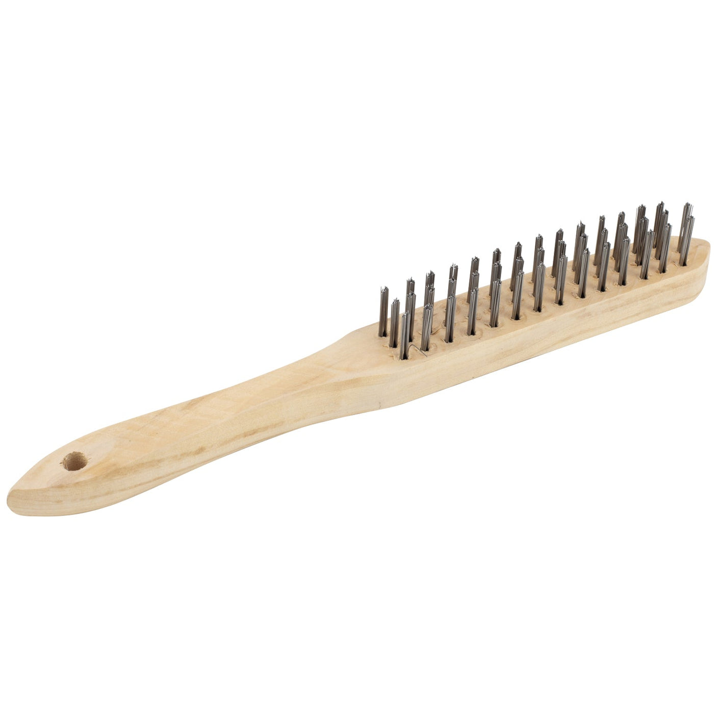 Introducing the SIP - 3-Row Mild Steel Wire Brush (SIP-04173) by SIP: A wire brush with a wooden handle and metal bristles, perfect for cleaning welding surfaces and removing slag and rust. It also includes a convenient hole at the end of the handle for easy hanging.