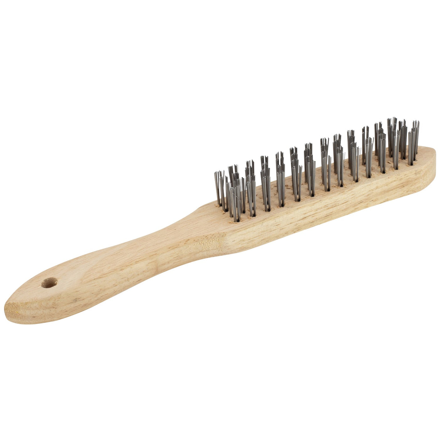 The SIP - 4-Row Mild Steel Wire Brush (SIP-04174) by SIP features a heavy-duty wooden handle and metal bristles, making it perfect for cleaning and scrubbing welding surfaces and removing slag.