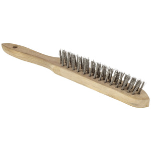 The SIP Converging Wire Brush | IP-04176 from SIP is a heavy-duty wooden-handled brush equipped with metal bristles, ideal for cleaning slag and rust or preparing welding surfaces; it also features a convenient hole at the end of the handle for easy hanging.