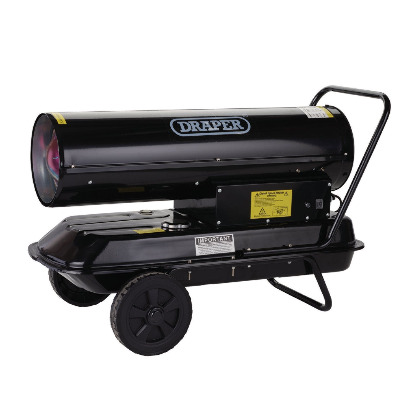 Portable black Draper 230V diesel and kerosene space heater, DSH108, with 102,300 Btu/30Kw output, featuring a visible handle for easy mobility.