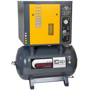 Image of a high-performance SIP - NB55/270 Silenced Compressor (SIP-04205), featuring a yellow and black control unit mounted on top of a dark grey 270-liter receiver.