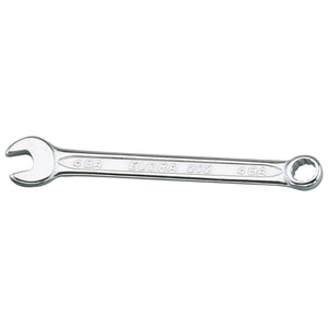 A silver Draper Elora 202BA-4 combination spanner marked with "4 BA," featuring an open-end on one side and a hexagon ring box-end on the other, crafted from durable chrome vanadium steel.