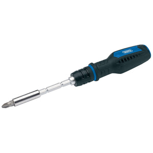 The Draper Screwdriver And Bit Set With Extending Bit Holder (26 Piece) - RBS26E features a black and blue ergonomic handle and an interchangeable bit extended from the shaft, all neatly organized in a compact carry case.