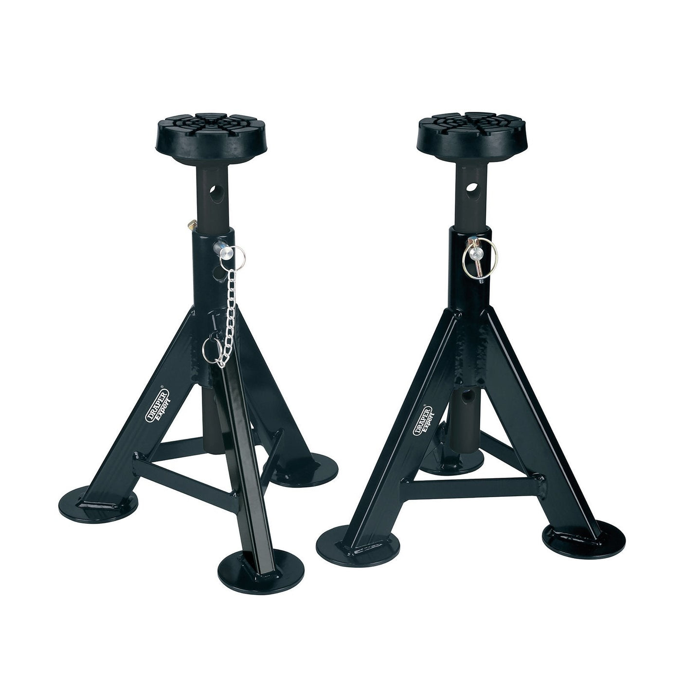 Two Draper Expert AS3000EB axle stands, featuring adjustable saddle height mechanisms, sturdy steel locking pins, and large round bases for enhanced stability.