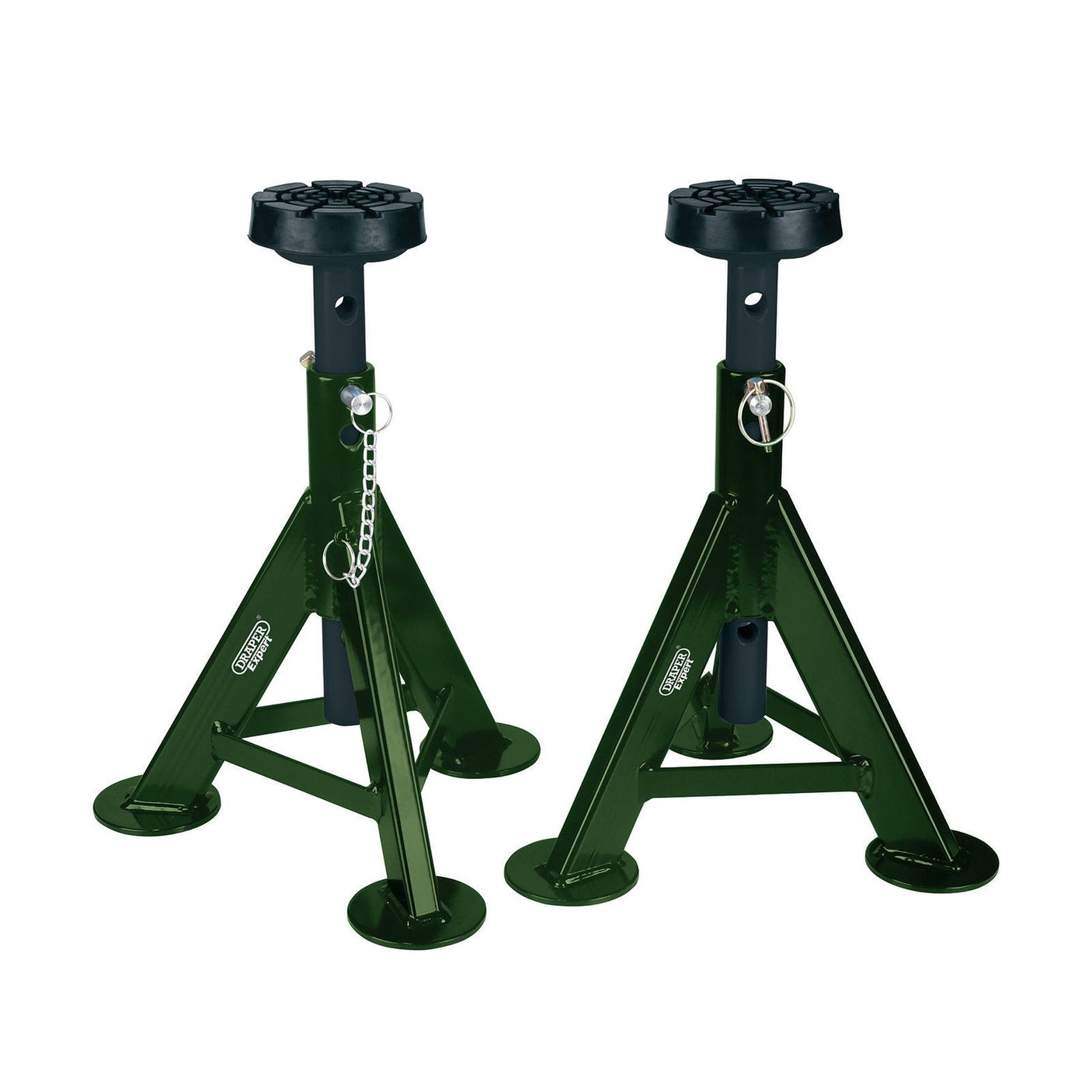 Two Draper Expert Axle Stands, 3 Tonne, Green (Pair) - AS3000EG, featuring a pin-type design with adjustable saddle height and safety pins. Each stand is equipped with a sturdy tripod base for enhanced stability.