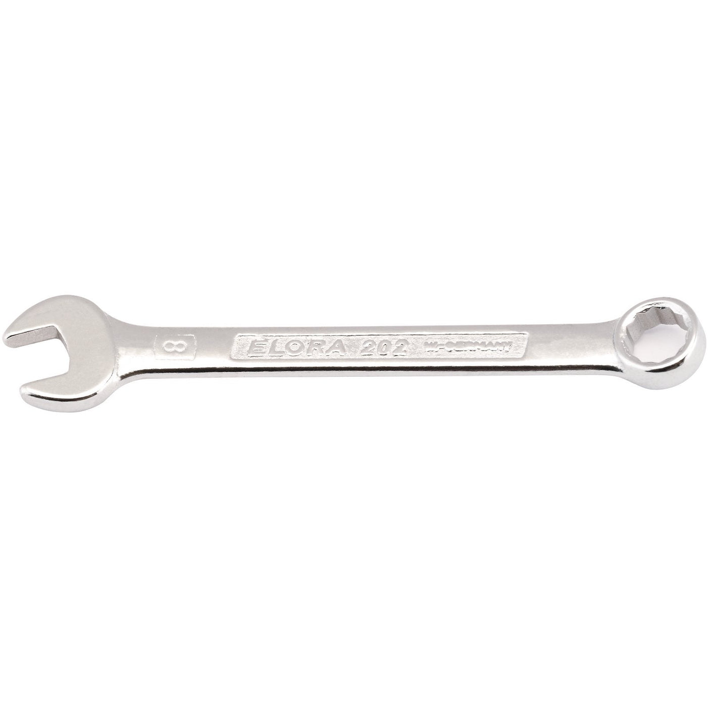 A silver Draper Elora Midget Combination Spanner, 8mm - 202-8, featuring an open-end on one side and a hexagon ring on the other. Crafted from chrome vanadium steel, the handle is engraved with "ELORA 202" and various specifications, ensuring robust corrosion protection.