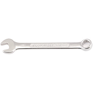 A silver Draper Elora Midget Combination Spanner, 8mm - 202-8, featuring an open-end on one side and a hexagon ring on the other. Crafted from chrome vanadium steel, the handle is engraved with "ELORA 202" and various specifications, ensuring robust corrosion protection.