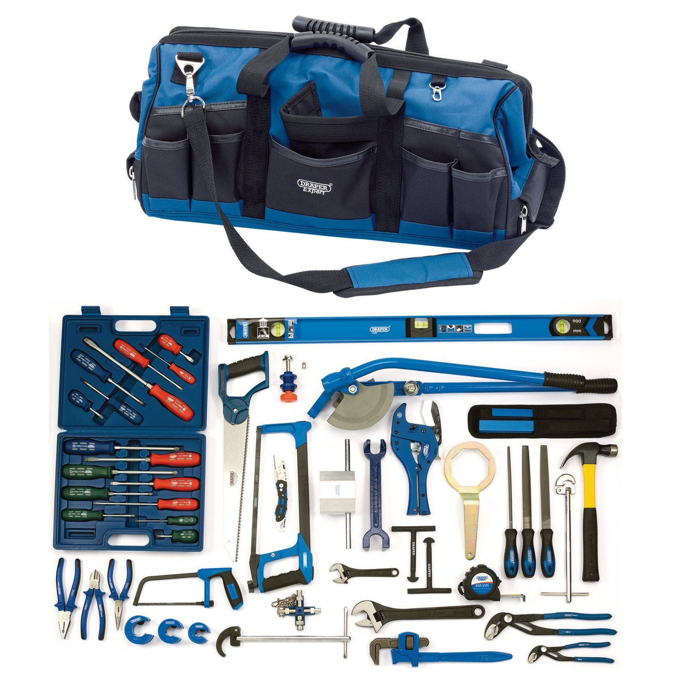 The Draper Plumbing Tool Kit - DTKPLUMBTK is a comprehensive assortment of various hand tools, including wrenches, screwdrivers, pliers, a hammer, a saw, and a level. Perfect for any plumber, this toolkit also contains essential plumbing tools such as a pipe cutter. The kit is displayed with a blue carrying bag placed above the array of tools.