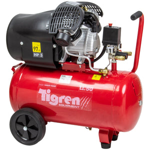 A red SIP TIGREN V50DD 3HP Direct-Driven Compressor (model SIP-04387) with a black motor, mounted on two wheels. It displays the labels "97 dB," "HP 3," and "LT50" to meet portable air requirements.